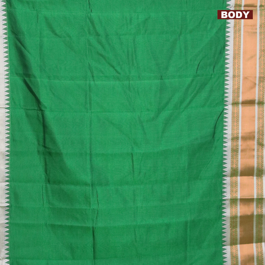 Semi mangalgiri silk saree green and grey with plain body and temple design copper zari woven border