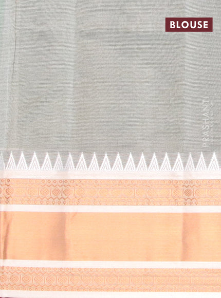 Semi mangalgiri silk saree green and grey with plain body and temple design copper zari woven border