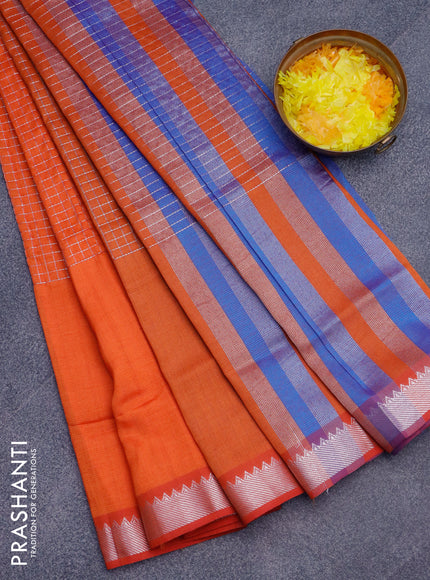 Semi mangalgiri silk saree orange and dual shade of blue with allover silver zari woven checked pattern and silver zari woven border