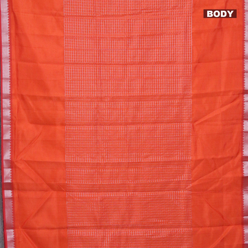 Semi mangalgiri silk saree orange and dual shade of blue with allover silver zari woven checked pattern and silver zari woven border