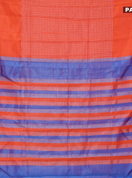 Semi mangalgiri silk saree orange and dual shade of blue with allover silver zari woven checked pattern and silver zari woven border