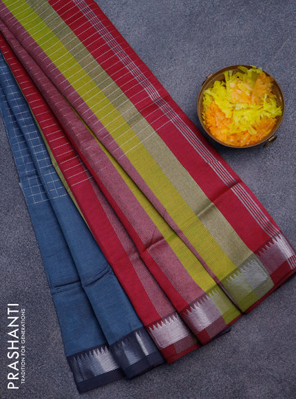 Semi mangalgiri silk saree grey and maroon with allover silver zari woven checked pattern and silver zari woven border