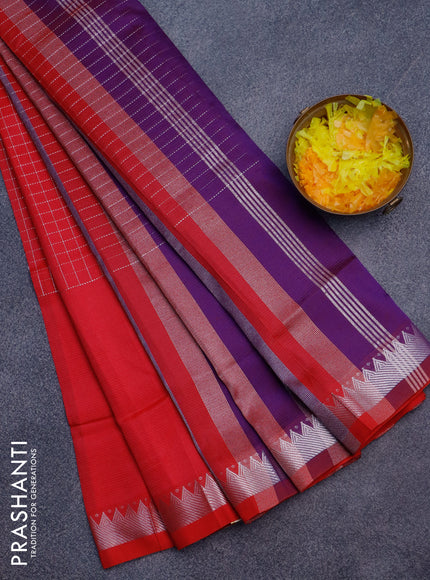 Semi mangalgiri silk saree reddish pink and dual shade of blue with allover silver zari woven checked pattern and silver zari woven border