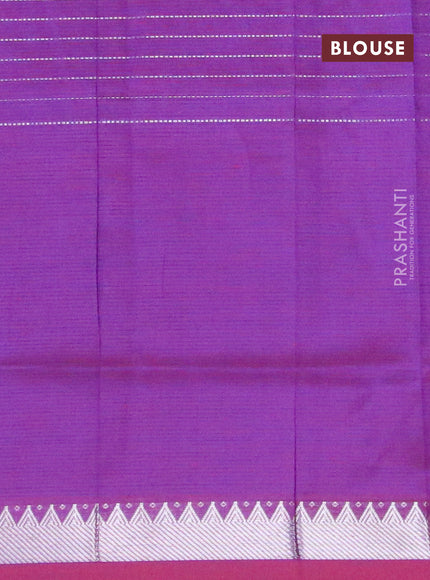 Semi mangalgiri silk saree reddish pink and dual shade of blue with allover silver zari woven checked pattern and silver zari woven border