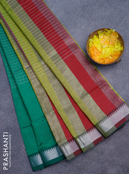 Semi mangalgiri silk saree green and multi colour with allover silver zari woven checked pattern and silver zari woven border