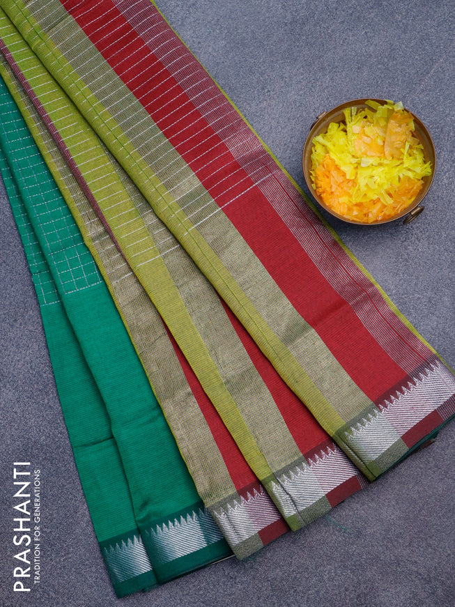 Semi mangalgiri silk saree green and multi colour with allover silver zari woven checked pattern and silver zari woven border