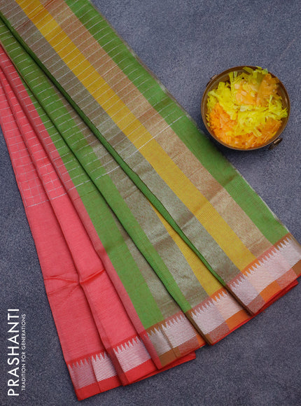 Semi mangalgiri silk saree pink shade and multi colour with allover silver zari woven checked pattern and silver zari woven border