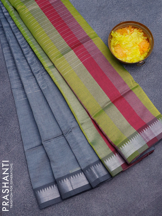 Semi mangalgiri silk saree grey and multi colour with allover silver zari woven checked pattern and long silver zari woven border