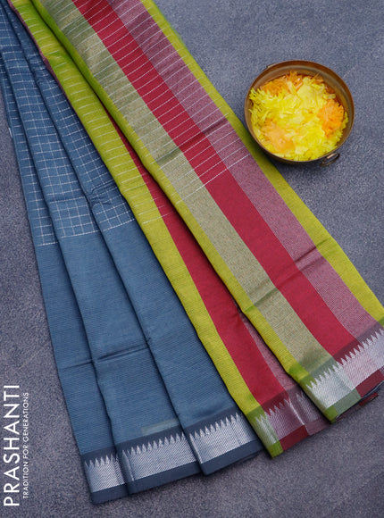 Semi mangalgiri silk saree grey and multi colour with allover silver zari woven checked pattern and long silver zari woven border