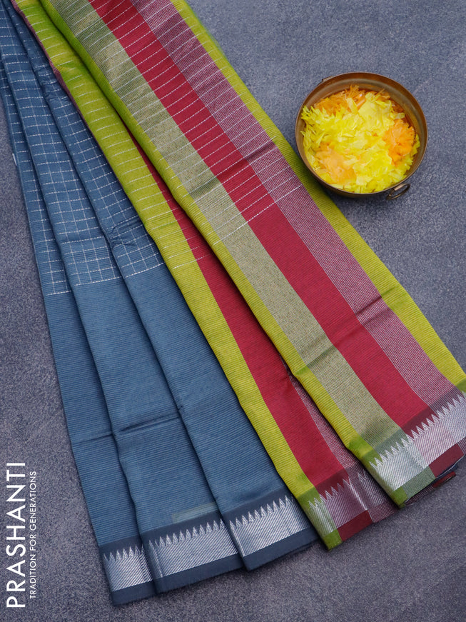 Semi mangalgiri silk saree grey and multi colour with allover silver zari woven checked pattern and long silver zari woven border