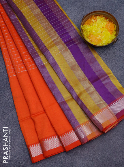 Semi mangalgiri silk saree orange and multi colour with allover silver zari checked pattern and silver zari woven border