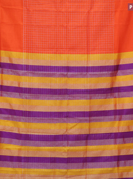 Semi mangalgiri silk saree orange and multi colour with allover silver zari checked pattern and silver zari woven border