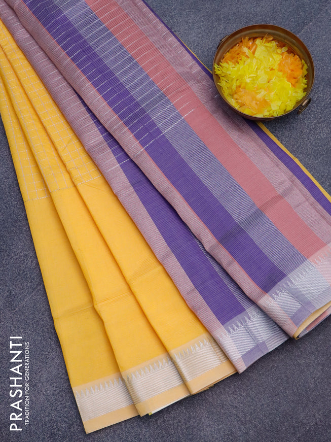 Semi mangalgiri silk saree yellow and multi colour with allover silver zari checked pattern and silver zari woven border