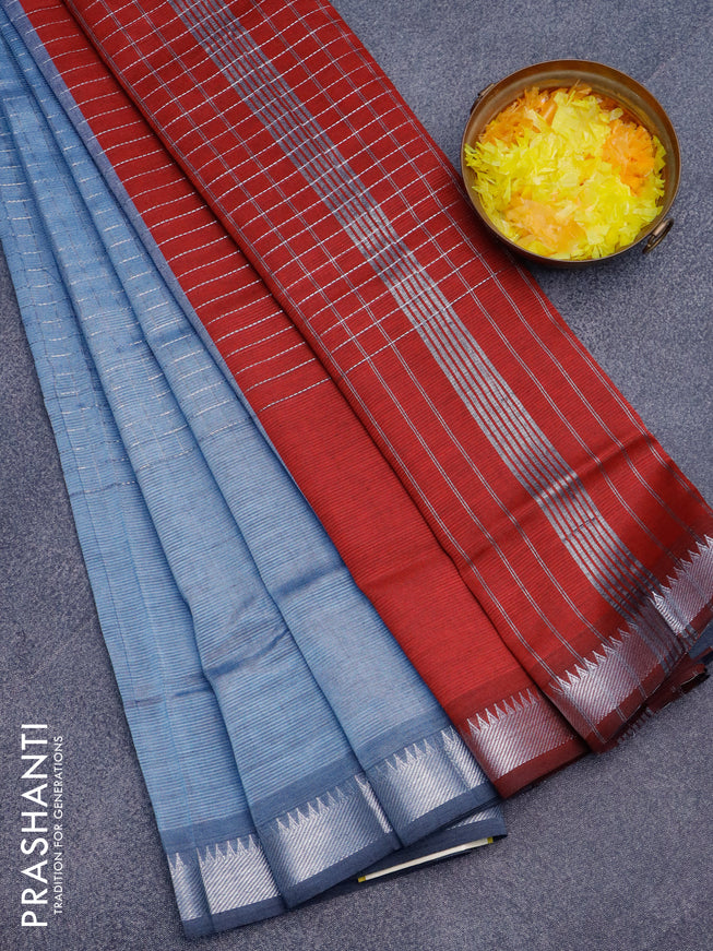 Semi mangalgiri silk saree grey and maroon with allover silver zari checked pattern and silver zari woven border