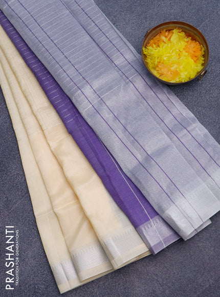 Semi mangalgiri silk saree cream and blue with allover silver zari checked pattern and silver zari woven border