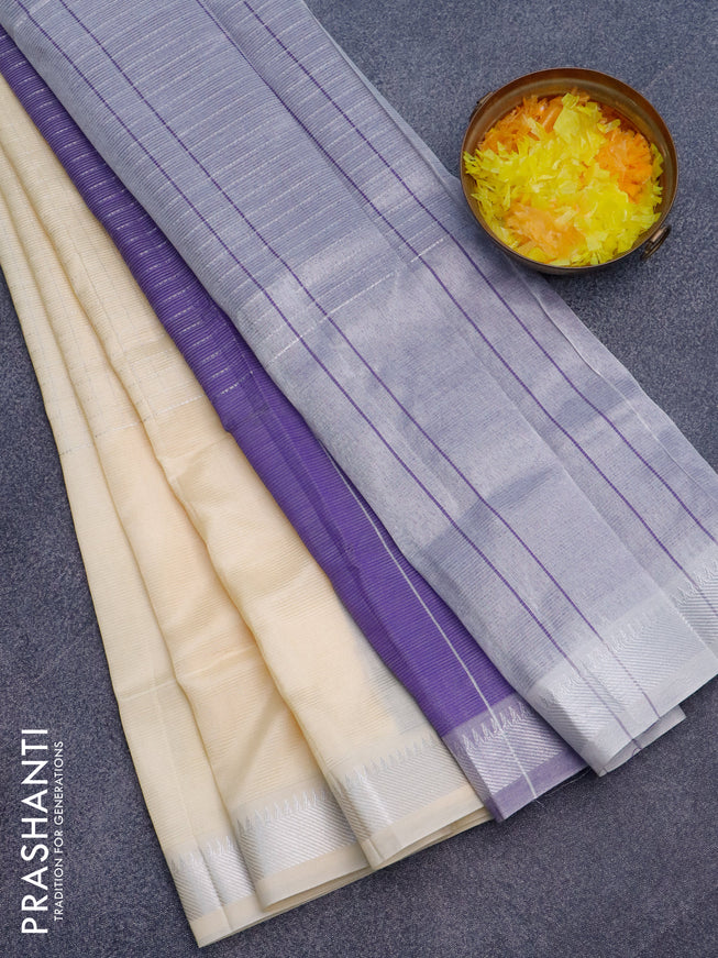 Semi mangalgiri silk saree cream and blue with allover silver zari checked pattern and silver zari woven border