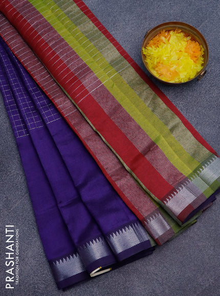 Semi mangalgiri silk saree blue and multi colour with allover silver zari checked pattern and silver zari woven border