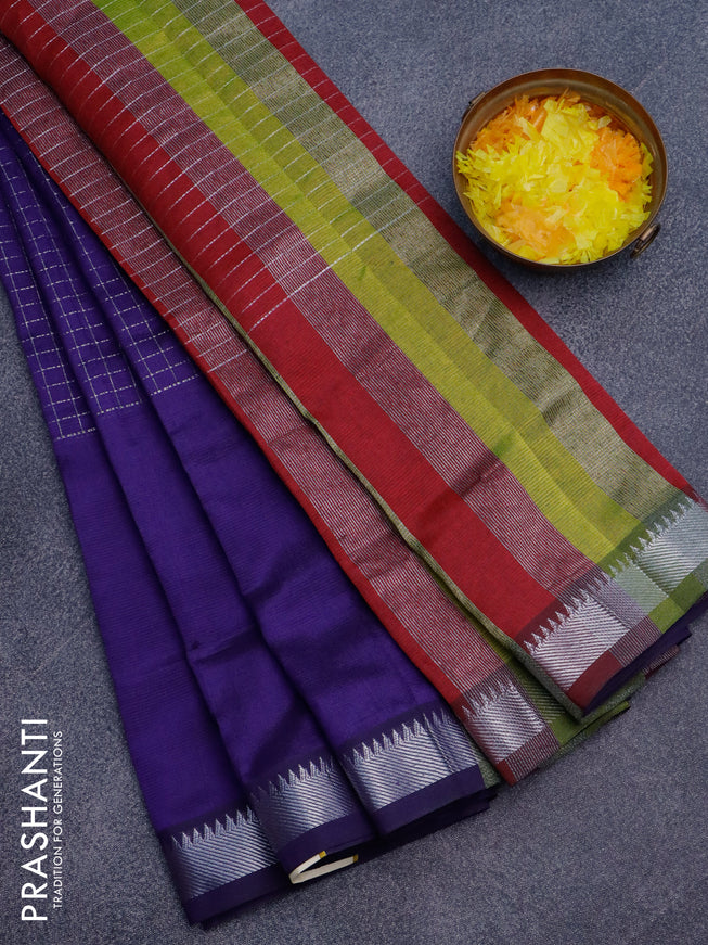 Semi mangalgiri silk saree blue and multi colour with allover silver zari checked pattern and silver zari woven border