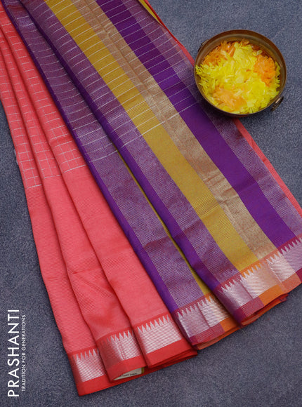 Semi mangalgiri silk saree pink shade and multi colour with allover silver zari checked pattern and silver zari woven border