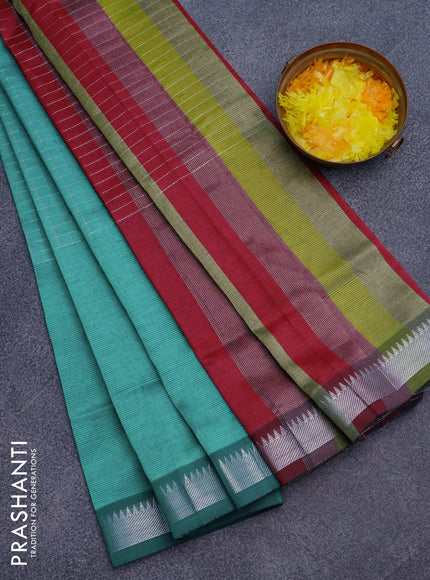 Semi mangalgiri silk saree peacock green and multi colour with allover silver zari checked pattern and silver zari woven border