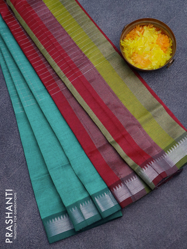 Semi mangalgiri silk saree peacock green and multi colour with allover silver zari checked pattern and silver zari woven border