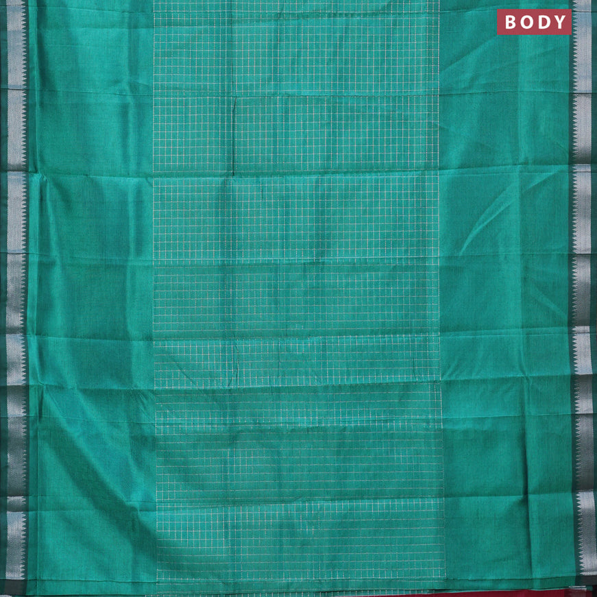 Semi mangalgiri silk saree peacock green and multi colour with allover silver zari checked pattern and silver zari woven border