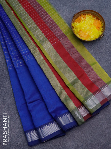 Semi mangalgiri silk saree blue and multi colour with allover silver zari checked pattern and silver zari woven border