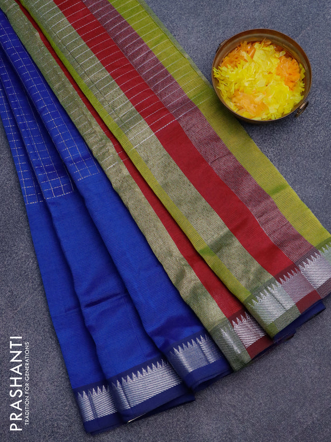 Semi mangalgiri silk saree blue and multi colour with allover silver zari checked pattern and silver zari woven border