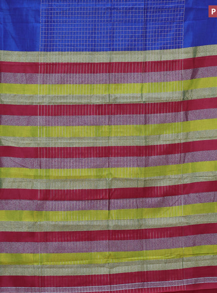 Semi mangalgiri silk saree blue and multi colour with allover silver zari checked pattern and silver zari woven border