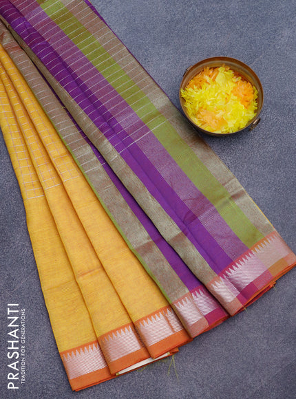 Semi mangalgiri silk saree dual shade of yellow and multi colour with allover silver zari checked pattern and silver zari woven border