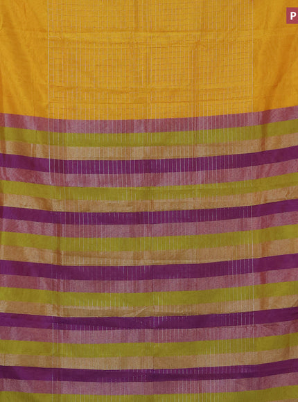 Semi mangalgiri silk saree dual shade of yellow and multi colour with allover silver zari checked pattern and silver zari woven border