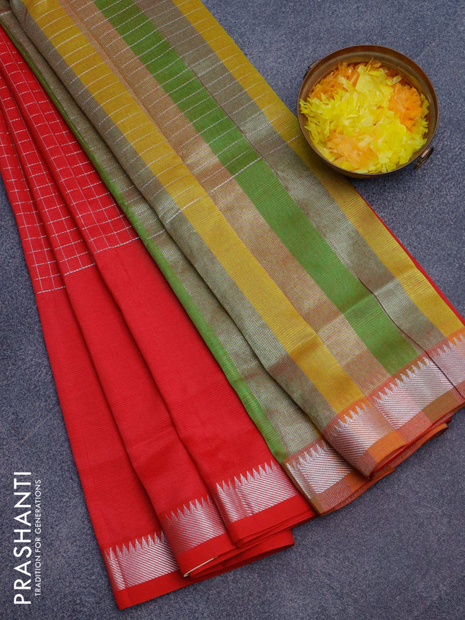 Semi mangalgiri silk saree red and multi colour with allover silver zari checked pattern and silver zari woven border