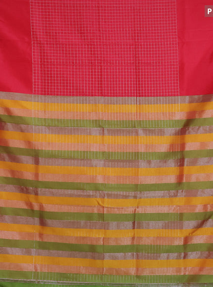 Semi mangalgiri silk saree red and multi colour with allover silver zari checked pattern and silver zari woven border