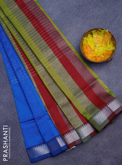 Semi mangalgiri silk saree cs blue and multi colour with allover silver zari checked pattern and silver zari woven border