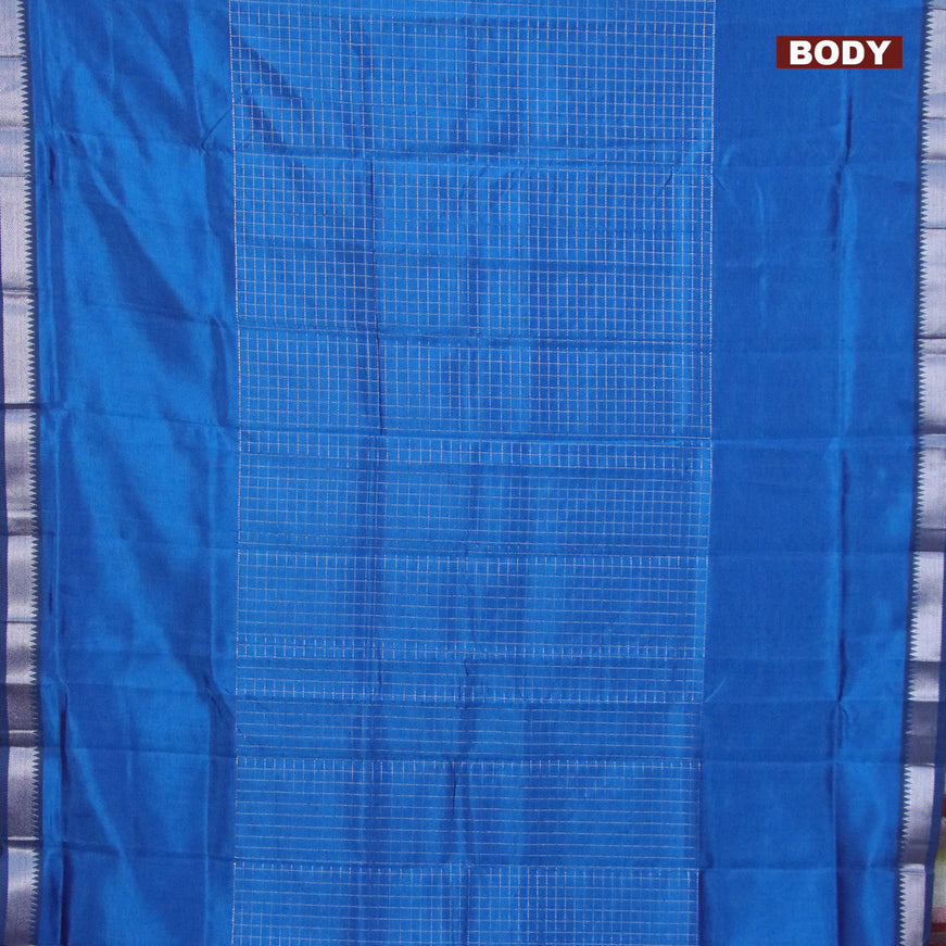 Semi mangalgiri silk saree cs blue and multi colour with allover silver zari checked pattern and silver zari woven border