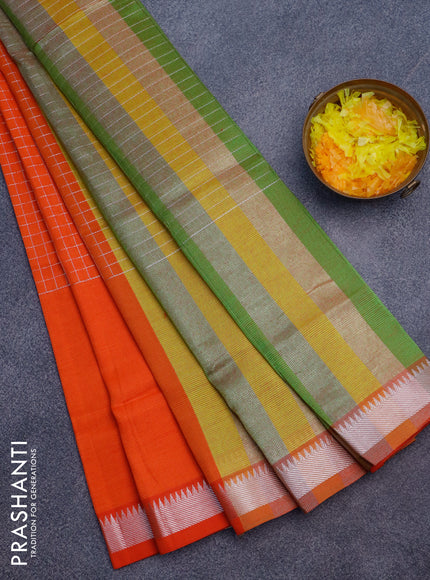 Semi mangalgiri silk saree orange and multi colour with allover silver zari checked pattern and silver zari woven border