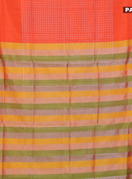 Semi mangalgiri silk saree orange and multi colour with allover silver zari checked pattern and silver zari woven border