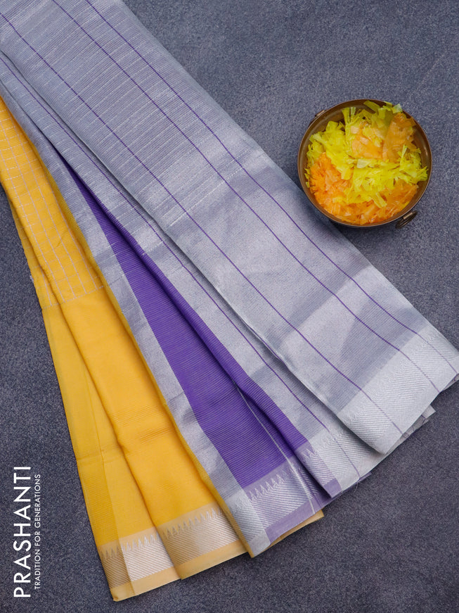 Semi mangalgiri silk saree yellow and blue with allover silver zari checked pattern and silver zari woven border