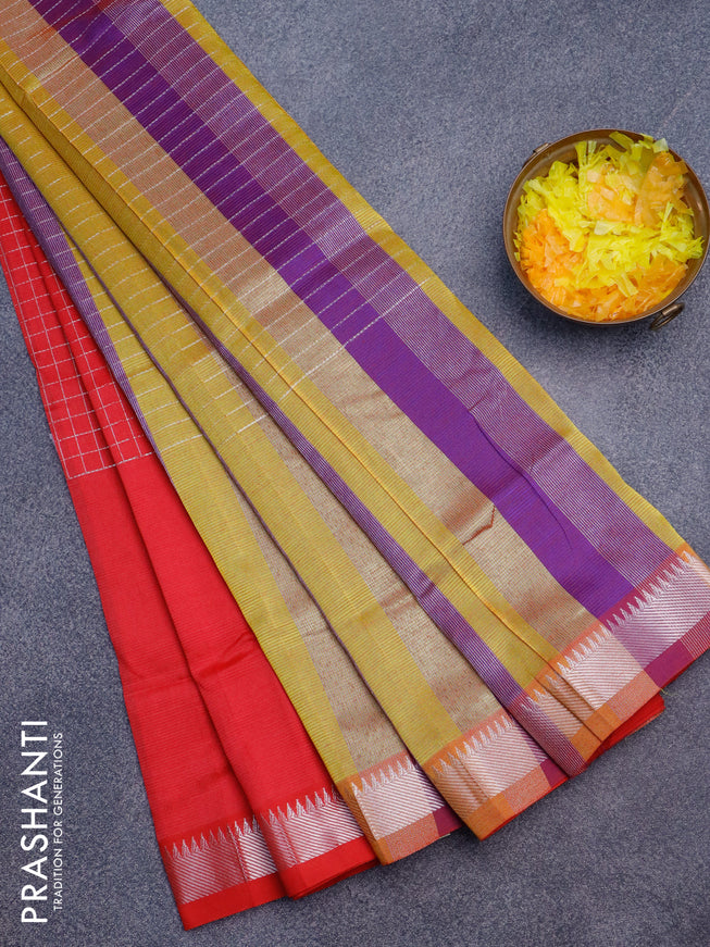 Semi mangalgiri silk saree red and multi colour with allover silver zari checked pattern and silver zari woven border