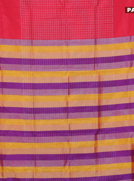 Semi mangalgiri silk saree red and multi colour with allover silver zari checked pattern and silver zari woven border