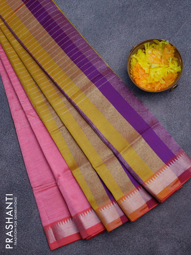 Semi mangalgiri silk saree pink shade and multi colour with allover silver zari checked pattern and silver zari woven border