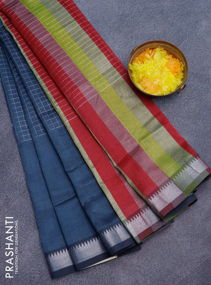 Semi mangalgiri silk saree dark grey and multi colour with allover silver zari checked pattern and silver zari woven border