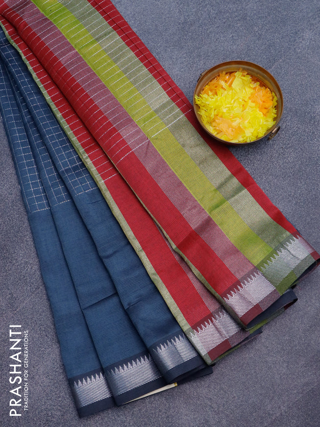 Semi mangalgiri silk saree dark grey and multi colour with allover silver zari checked pattern and silver zari woven border