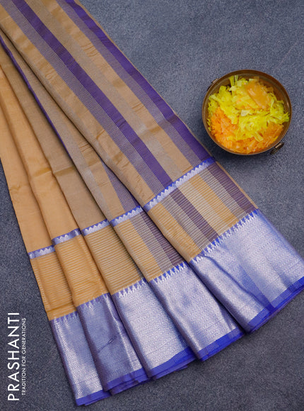 Semi mangalgiri silk saree sandal and blue with plain body and long silver zari woven border