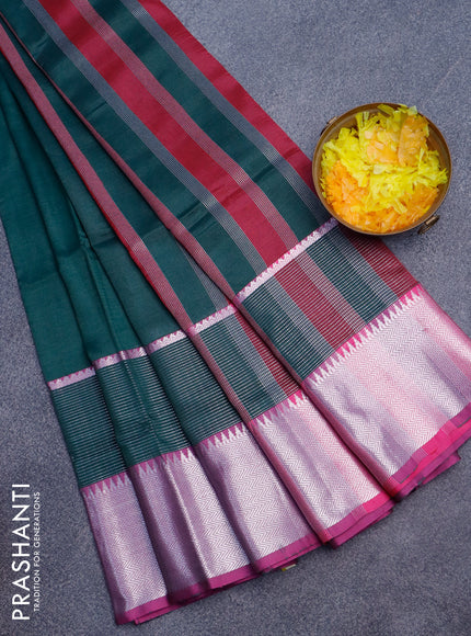 Semi mangalgiri silk saree dark green and pink with plain body and long silver zari woven border