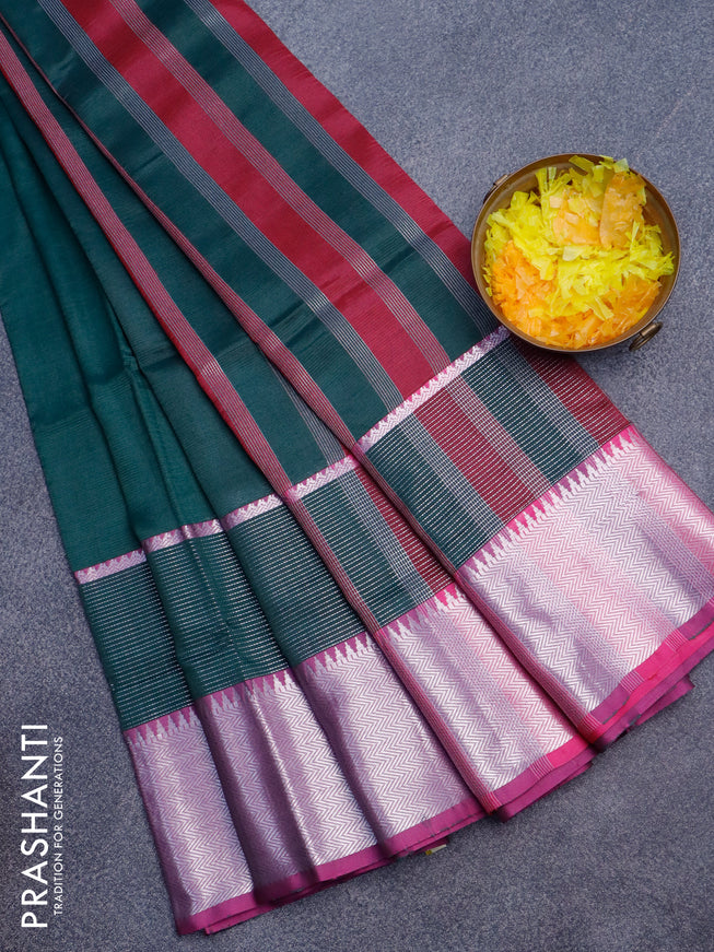 Semi mangalgiri silk saree dark green and pink with plain body and long silver zari woven border