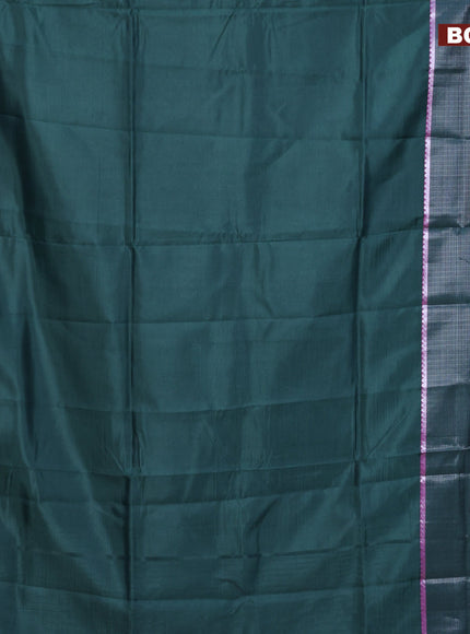 Semi mangalgiri silk saree dark green and pink with plain body and long silver zari woven border