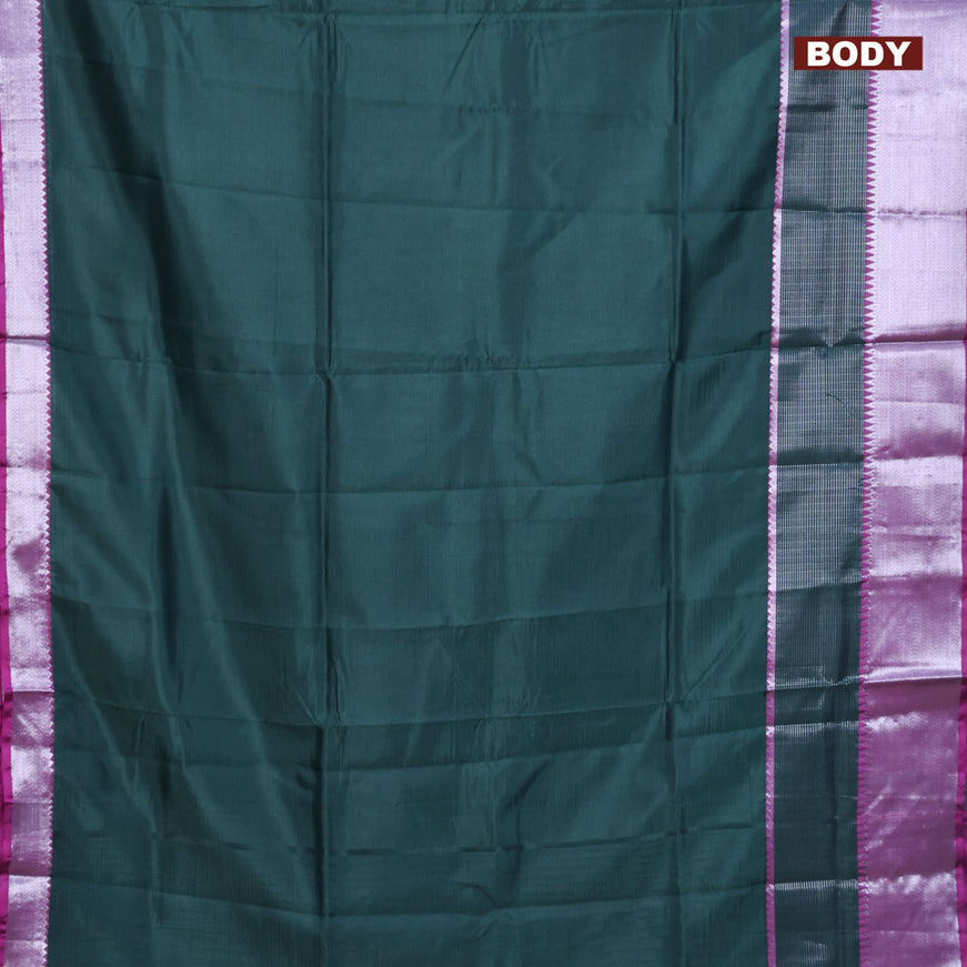 Semi mangalgiri silk saree dark green and pink with plain body and long silver zari woven border