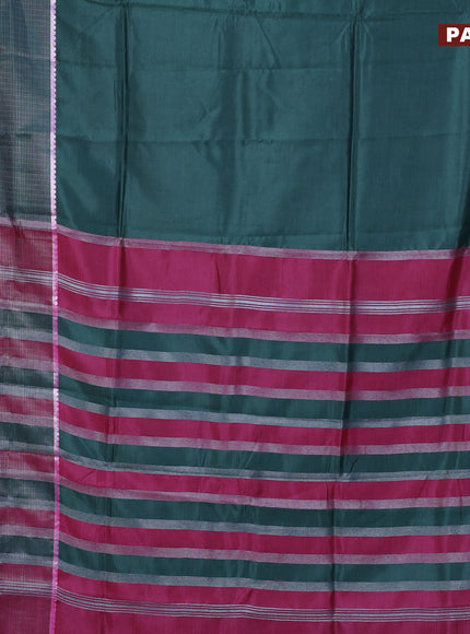 Semi mangalgiri silk saree dark green and pink with plain body and long silver zari woven border