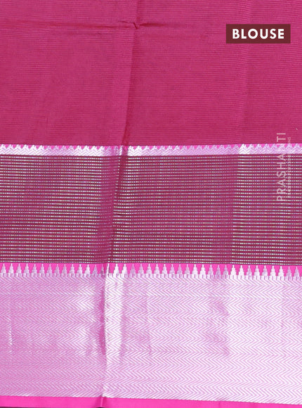 Semi mangalgiri silk saree dark green and pink with plain body and long silver zari woven border